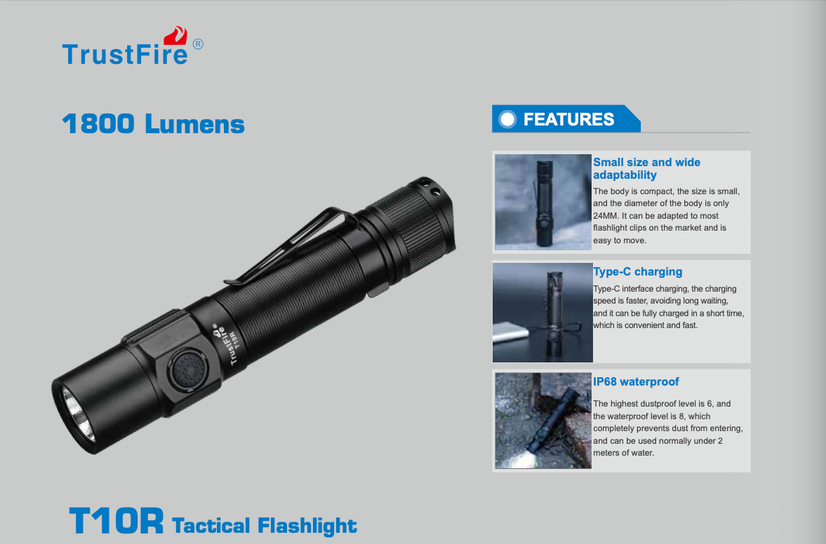 TrustFire T10R Rechargeable Flashlight 1800 Lumens